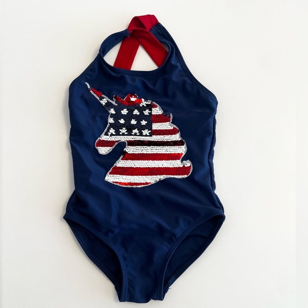 Btween Kids One-Piece Unicorn Swimsuit - Patriotic Red, White, & Blue - Girls 3T - Picture 4 of 4
